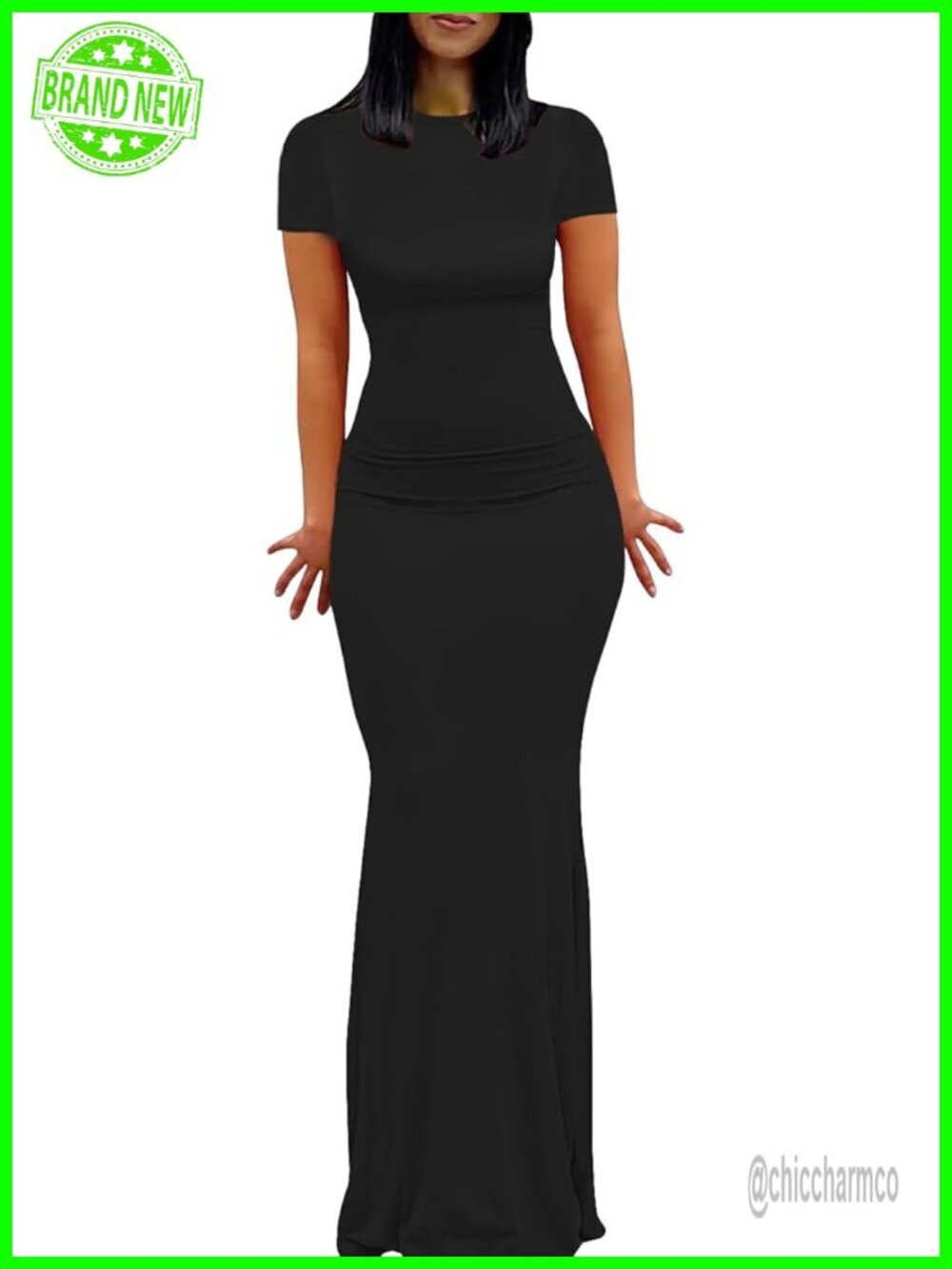 Square Neck Bodycon Maxi Dress Short Sleeve Mermaid Hem Lounge Party